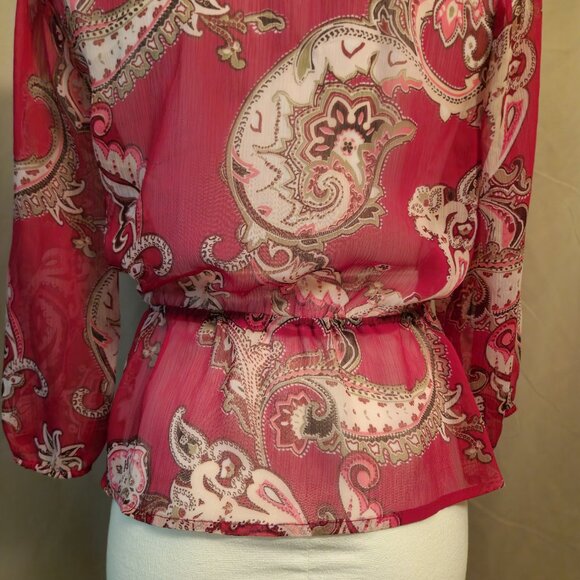 ❤️ 4/$20 New York & Co top Women's XS Sheer chiffon paisley buttons 3/4 sleeve - Picture 12 of 14